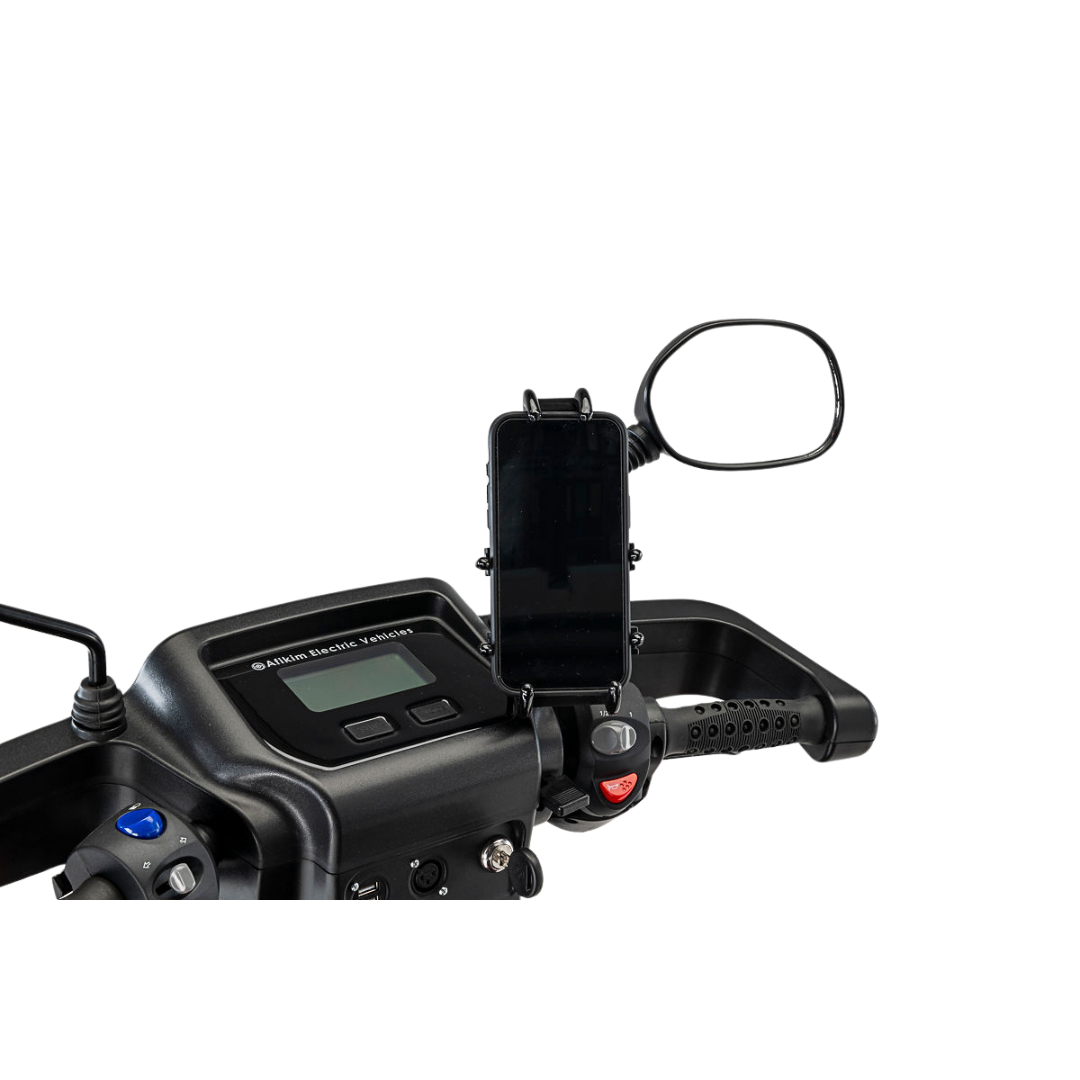 Close-up of an Afikim Electric Vehicle handlebar with accessories like a digital display, rearview mirror, secure phone mount, buttons, and throttle grip for comfort and safety.